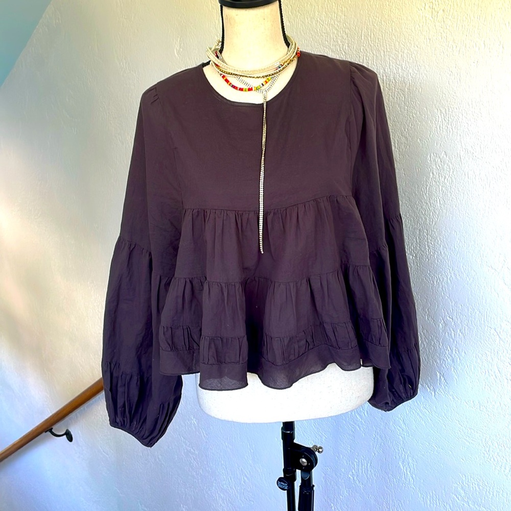 Altar’d State NWOT Black Ruffled Long Puff Sleeve Cotton Flowy Top Medium